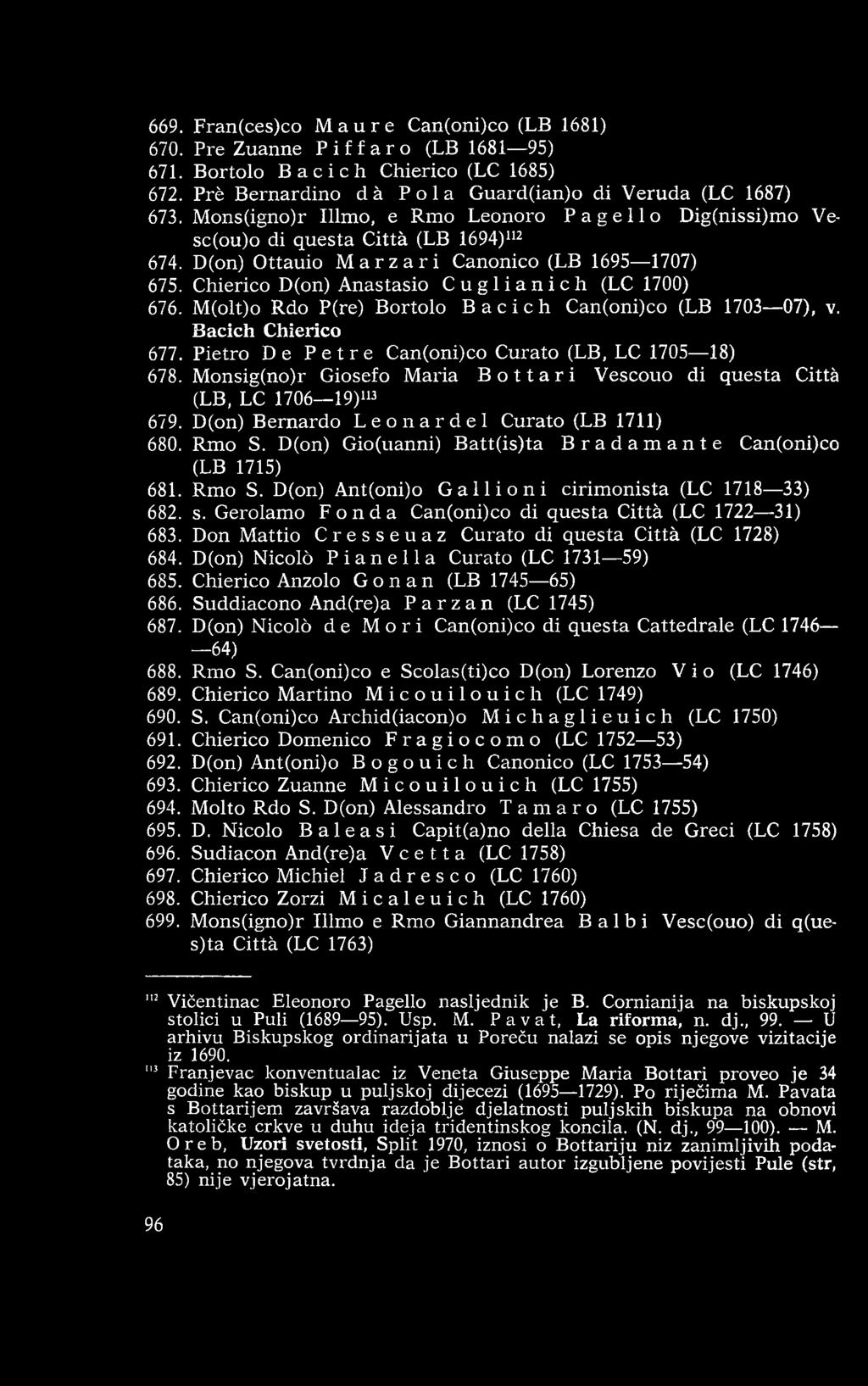 D(on) Gio(uanni) B att(is)ta Bradamante Can(oni)co (LB 1715) 681. Rmo S. D(on) Ant(oni)o Gallioni cirim onista (LC 1718 33) 682. s. Gerolamo Fonda Can(oni)co di questa Città (LC 1722 31) 683.