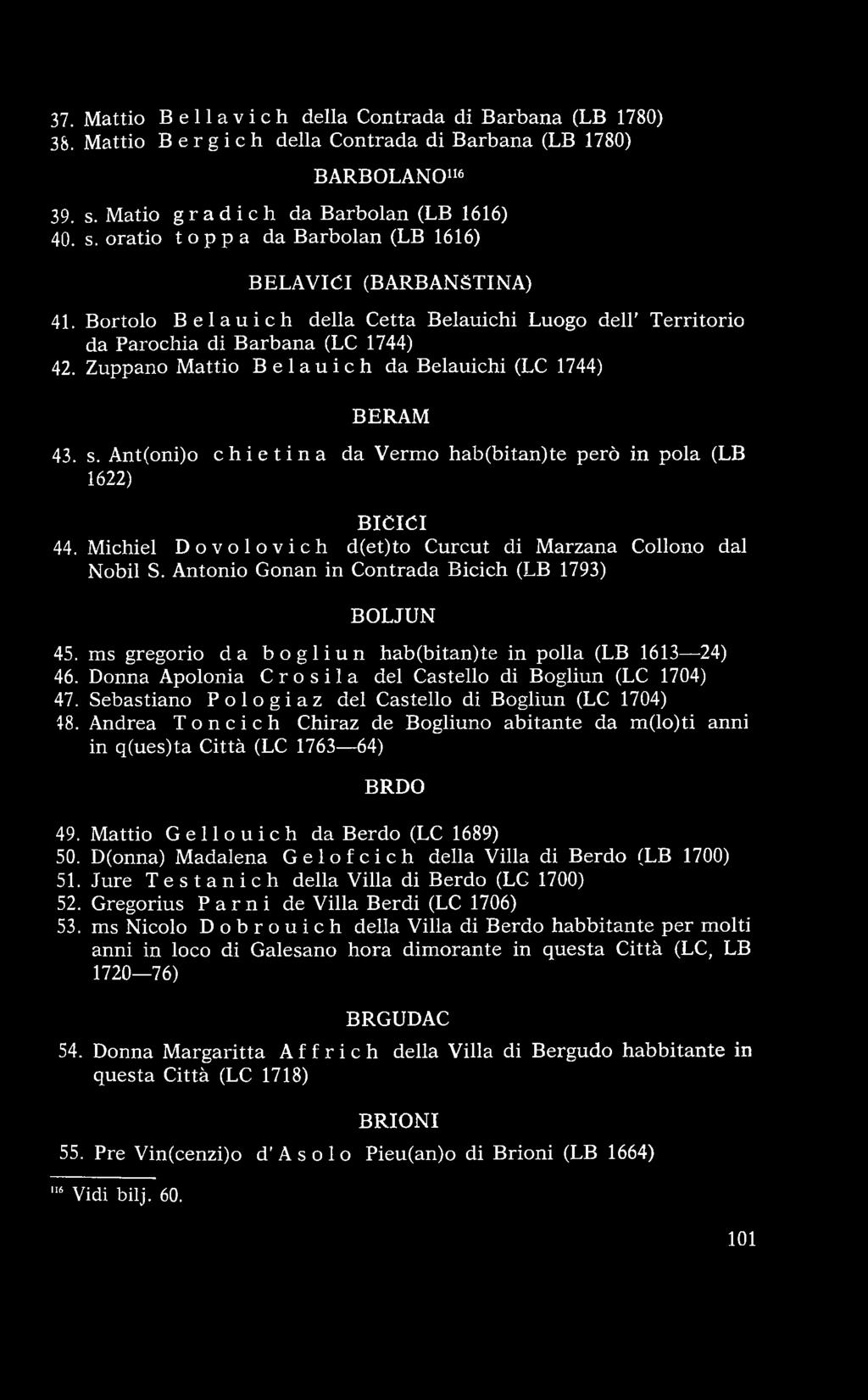 ms gregorio d a bogliun hab(bitan)te in polla (LB 1613 24) 46. Donna Apolonia C r o s il a del Castello di Bogliun (LC 1704) 47. Sebastiano Pologiaz del Castello di Bogliun (LC 1704) 48.