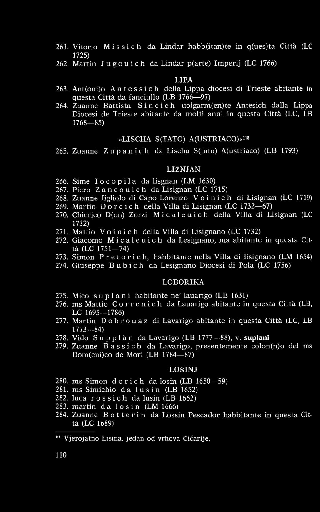 Zuanne B attista Sin c i c h uolgarm (en)te Antesich dalla Lippa Diocesi de Trieste abitante da m olti anni in questa Città (LC, LB 1768 85)»LISCHA S(TATO) A(USTRIACO)«118 265.