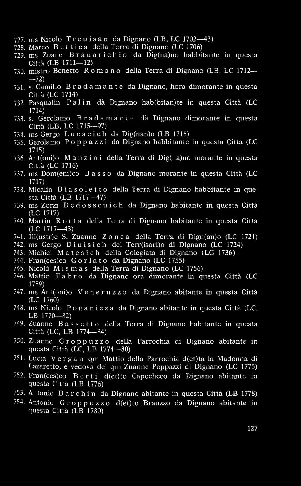 ms Dom(eni)co Basso da Dignano m orante in questa Città (LC 1717) 738. Micalin Biasoletto della T erra di Dignano habbitante in questa C ittà (LB 1717 47) 739.