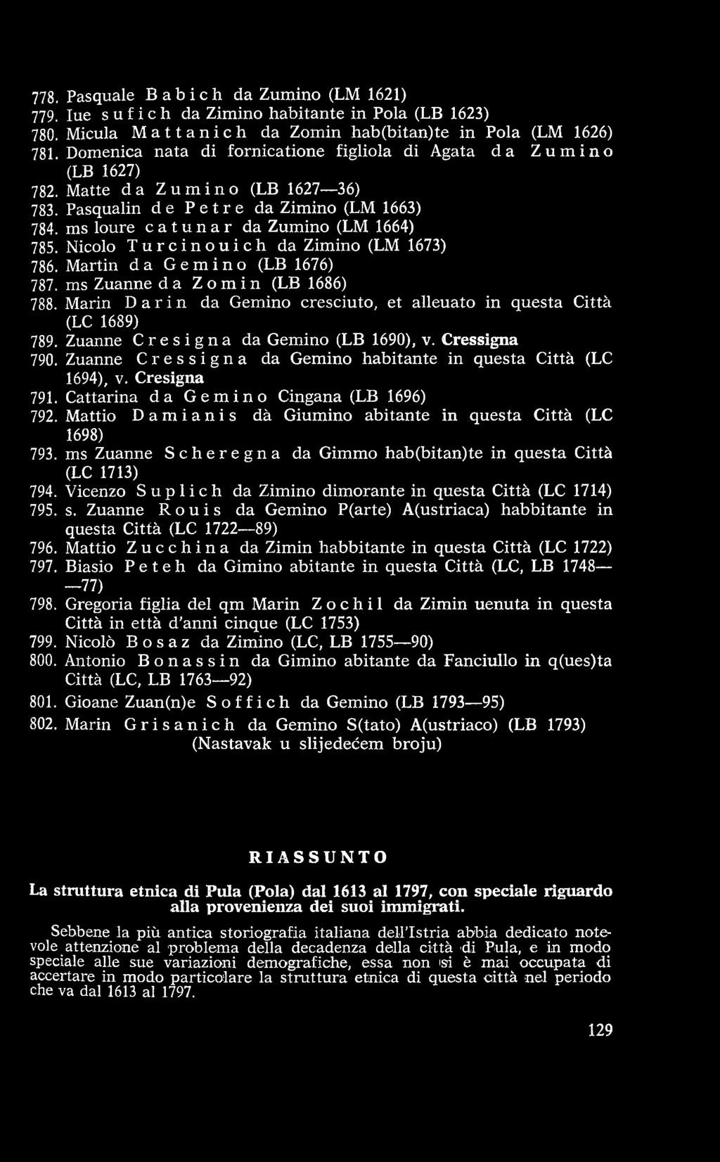 M attio Damianis dà Giumino abitante in questa C ittà (LC 1698) 793. ms Zuanne Scheregna da Gimmo hab(bitan)te in questa Città (LC 1713) 794.