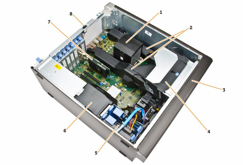 Figura 2. Vista interna del computer T5810 1. dissipatore di calore con ventola integrata 2. manicotti della memoria 3. cornice anteriore 4.