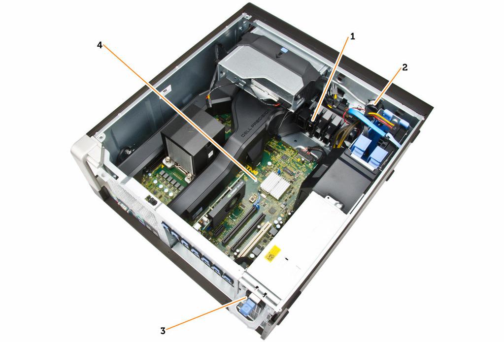 Figura 3. Vista interna del computer T5810 1. fissaggio scheda PCIe 2. altoparlante interno 3. unità di alimentazione 4.