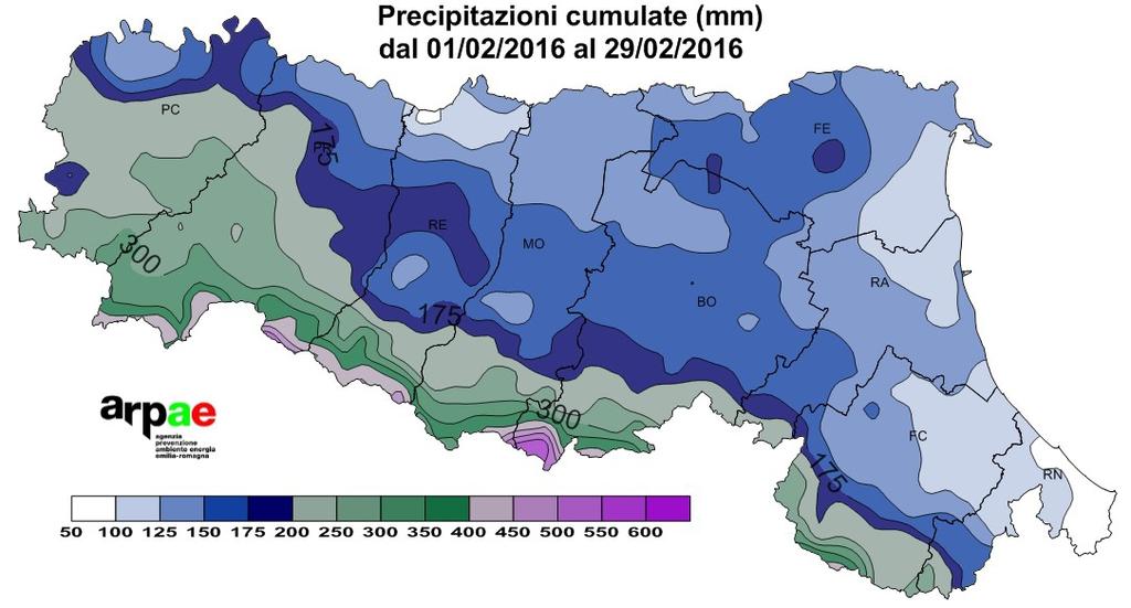 Cartina delle precipitazioni utile per valutare le perdite di azoto nel mese di febbraio col metodo del bilancio.