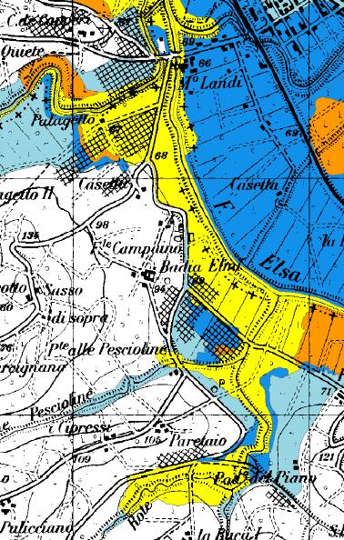 Le porzioni di territorio in esame sono rappresentate nel Piano di Assetto Idrogeologico dell Autorità di Bacino del Fiume Arno in alcuni fogli della carta della Perimetrazione delle aree con
