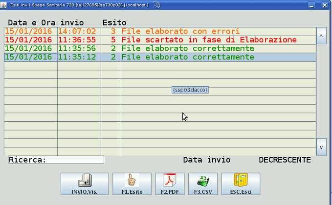 I dati visualizzati indicano Data ovvero la data in cui è stata effettuata la richiesta di esito dell invio Ora ovvero l ora in cui è stata effettuata la richiesta di esito dell invio Esito ovvero lo