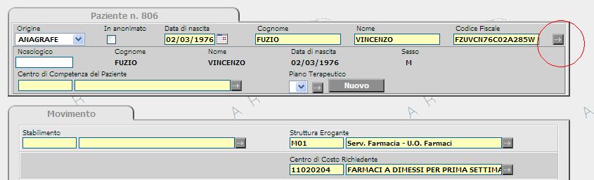 Per i pazienti con origine ANAGRAFE è sufficiente cliccare sulla freccetta della lista valori in corrispondenza del paziente selezionato per accedere direttamente alla sua scheda