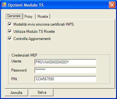 Nella finestra delle Opzioni inserire le credenziali MEF rilasciate dalla propria ASL: sono necessarie per l invio telematico dei certificati di malattia INPS attraverso i servizi del Sistema TS.