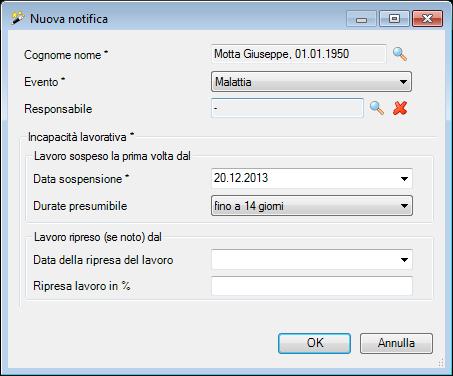 Registrare notifica di malattia Procedura per la registrazione di una nuova notifica di malattia: Selezionare il componente tramite l'azione Cerca persona.