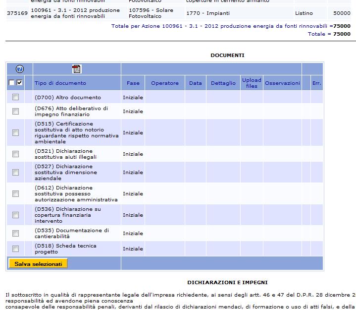 d) Documenti: In questo sezione l'utente è chiamato a caricare nel sistema tutti i documenti che devono essere presentati a corredo della domanda.