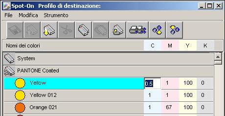 SPOT-ON 68 Modifica dei valori cromatici Se una tinta piatta già esistente non viene stampata come previsto, è possibile modificare i valori cromatici in base alle proprie necessità, in modo da