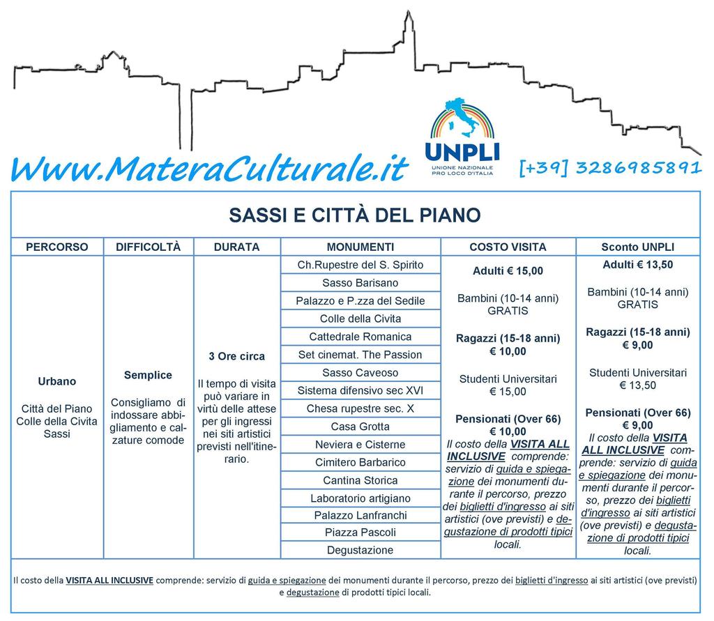 I NOSTRI ITINERARI CONVENZIONATI Sassi e città del piano - (Tour giornaliero per individuali) L'itinerario comprende diversi momenti architettonici della città di Matera in un percorso che, partendo