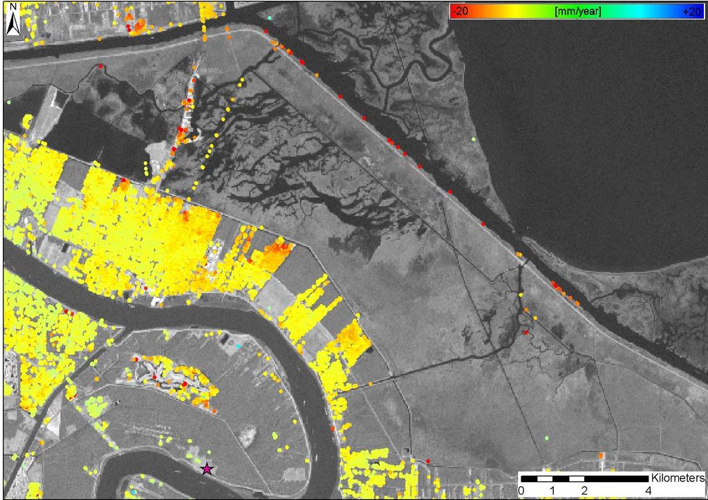 Figura 70: Campo di velocità dei bersagli radar (PS) individuati nell area del Grande Delta del Fiume Mississippi comprendente la città di New Orleans.