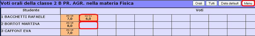 Il nuovo voto risulta inserito, quindi si può continuare con un ulteriore inserimento scegliendo la casella sulla riga di un altro alunno a cui inserire un nuovo voto
