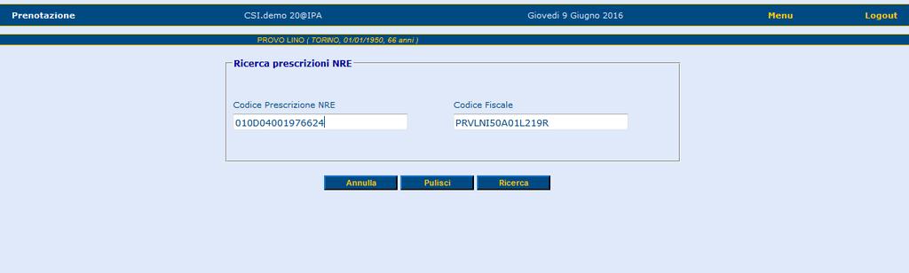 Dopo aver digitato il Codice Prescrizione NRE e selezionato il