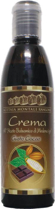 Crema balsamica al CACAO Confezione: In bottiglie da 250 ml. Colore: scuro, denso, carico e brillante. Densità: corposa, densa. Profumo: caratteristico, un armonioso profumo di cioccolato.