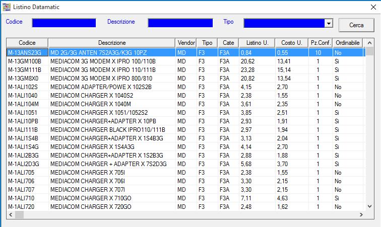 Dopo avere ricevuto tutti i listini sarà possibile interrogare l archivio aggiornato Datamatic usando il tasto Tabella Listino In questa tabella sono