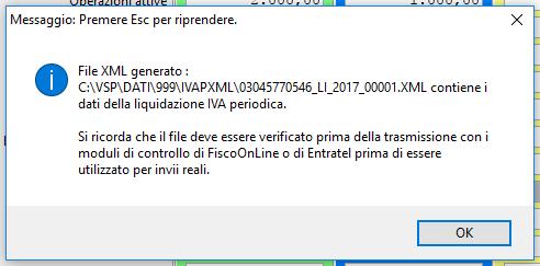 Conferma della avvenuta generazione del FILE con relativa