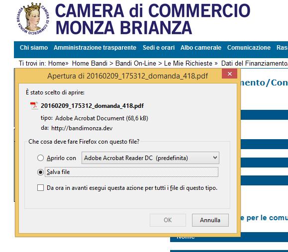 Cliccando su ok viene poi chiesto di salvare sul proprio computer il documento generato dal sistema informatico.