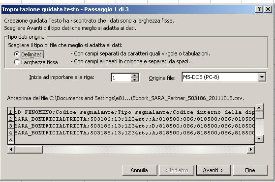 Selezinare l pzine Delimitati per il tip di dati riginali e