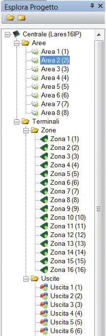 CONFIGURAZIONE PARAMETRI Dopo aver importato i dispositivi desiderati la finestra Esplora Progetto viene popolata automaticamente con aree, zone ed uscite.