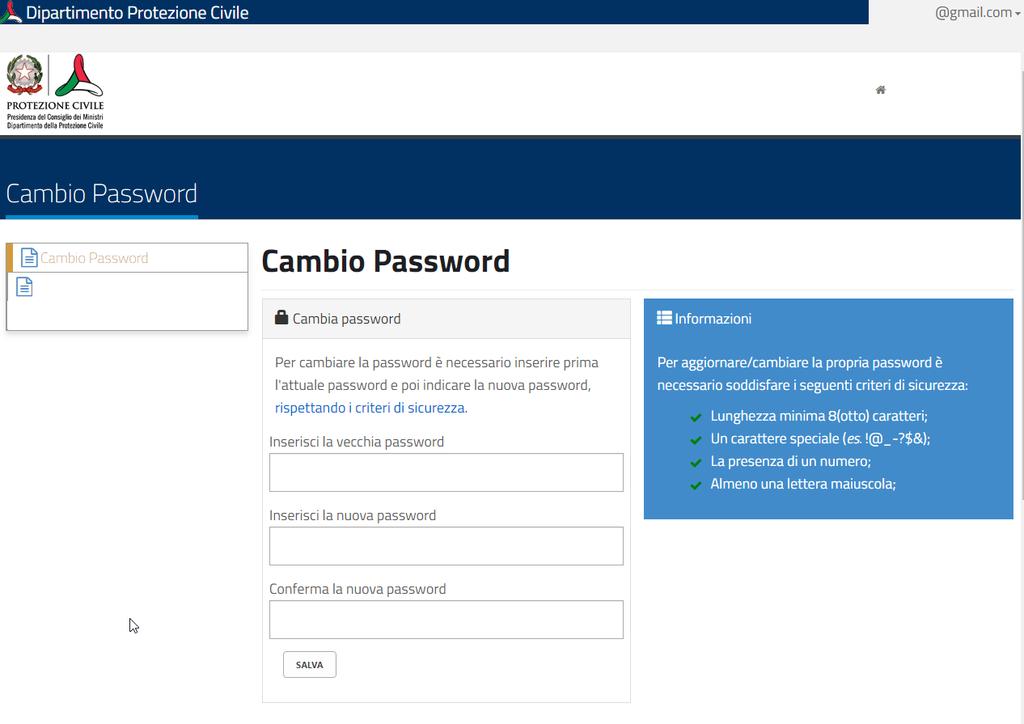 Cambio Password, si accede alla funzionalità di cambio password: In questa form si deve inserire la precedente password e