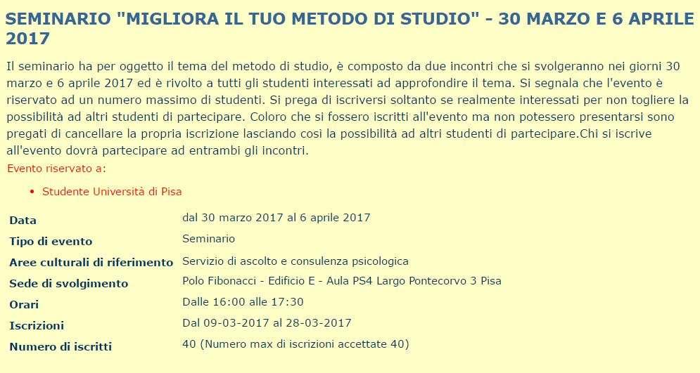 seminari sui temi del «Metodo di studio» e della «Gestione dell ansia da esame» Tutorato alla Pari: selezione, formazione e monitoraggio dell attività dei