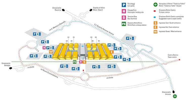 Raggiungere Rimini Fiera è facile e comodo da ogni parte del mondo Pianta del quartiere fieristico e della viabilità Madrid London Paris Berlin Rimini Roma Athens AUTO Autostrada A14, uscite Rimini