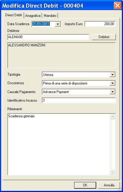 Modificare una disposizione Sepa Direct Debit Capitolo Sepa Direct Debit 9 )) &.2. $ 1 6 ' )) + / ) " $*, $2 5 ", -.