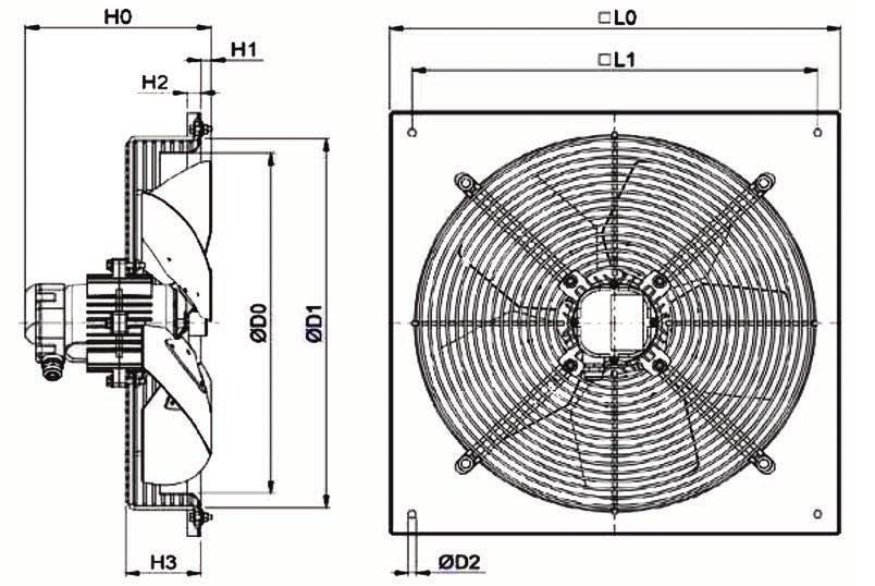 Serie VAQC - Disegni con dimensioni Flusso aria premente Ventilatore tipo L0 L1 Ø D0 Ø D1 Ø D2 H0 H1 H2 H3 H4 Kg VAQC252M/T 350 300 255 285 9 172 50 35 60 15 5 VAQC254M/T 350 300 255 285 9 178 56 35