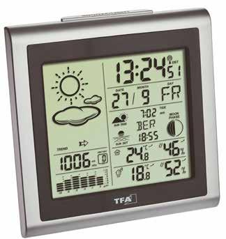 della tendenza meteorologica, pressione atmosferica assoluta e relativa con grafico storico delle ultime 12 ore, orologio radiocontrollato con data, ora dell alba, del tramonto e durata della luce