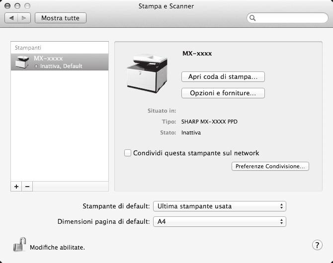 13 Fare clic sul pulsante [Opzioni e forniture] e selezionare la scheda [Druver]. (1) (2) (1) (3) (2) (1) Fare clic sull'icona [Default]. Se si utilizza Mac OS X versione 10.