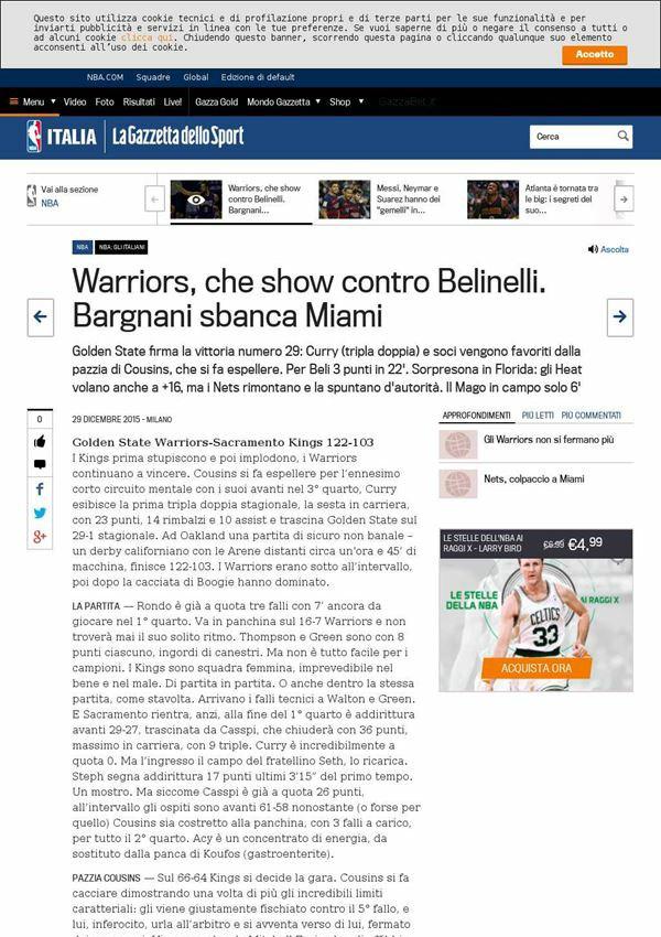 29 dicembre 2015 gazzetta.it Warriors, che show contro Belinelli.