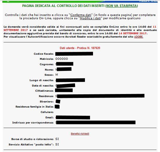 COMPILAZIONE ONLINE DELLA RICHIESTA BENEFICI Controllo dati inseriti Controllare i dati inseriti:.