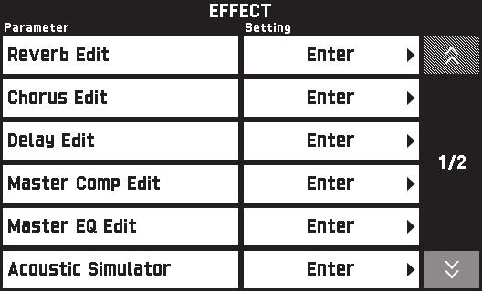 Configurazione delle impostazioni del piano digitale Schermata EFFECT Usare questa schermata per applicare una varietà di effetti acustici alle note.