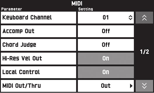 Configurazione delle impostazioni del piano digitale Schermata MIDI Usare questa schermata per configurare le impostazioni MIDI.