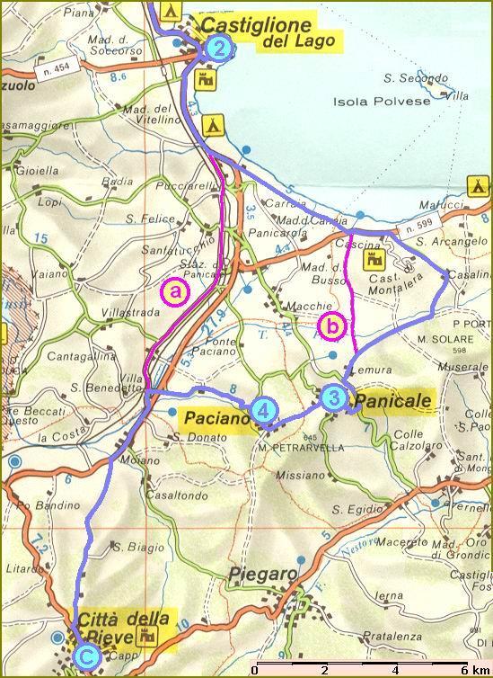 Nekaj sto metrov za Moianom zakolesarite po SP311 v zadnji, srednje strm in 10 km dolg klanec (250 m), ki se konča le nekaj kilometrov pred ciljem prvega dne - Città della Pieve (509 mnv; 6.800 p.