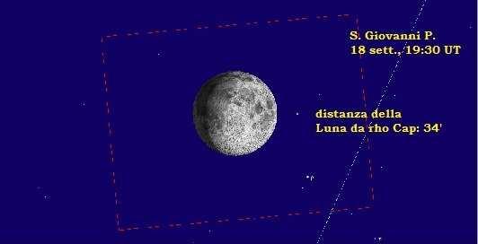 5 di 7 05/09/2010 22:02 Nella simulazione a sinistra, delimitato dal rettangolo in rosso, il campo della Luna il 18 settembre alle 19:30 UT, fornito da una webcam+teleobiettivo di 135mm a S.