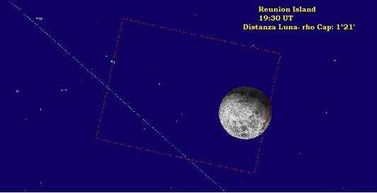 L'effetto di parallasse è molto consistente: la distanza di rho Cap dal centro della Luna è pari a 34' a S. Giovanni mentre a la Réunion è di ben 1 21'.