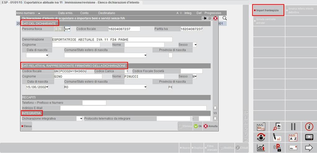 Con il tasto pagina giù o premendo la freccina della finestra, ci si sposta a pagina 2 nella quale sono riportati Anno e numero (con AUTO la numerazione è assegnata dalla procedura) indicati in