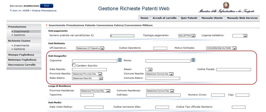 Per inserire nel campo Cognome e/o Nome caratteri diacritici è necessario visualizzare, tramite il