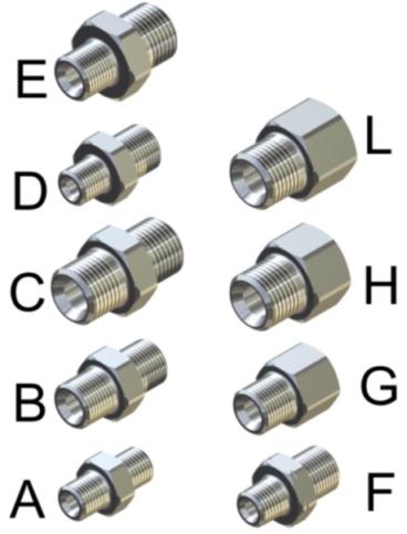 Accessori RACCORDI ACCIAIO INOX -60MPA Codice Uscita Tipo Massa 13.5050.51 G 1/4 M G 1/4 M A 34 1,2 5 13.5051.51 G 3/8 M G 3/8 M B 52 1,83 5 13.5052.51 G 1/2 M G 1/2 M C 88 3,1 5 13.5060.