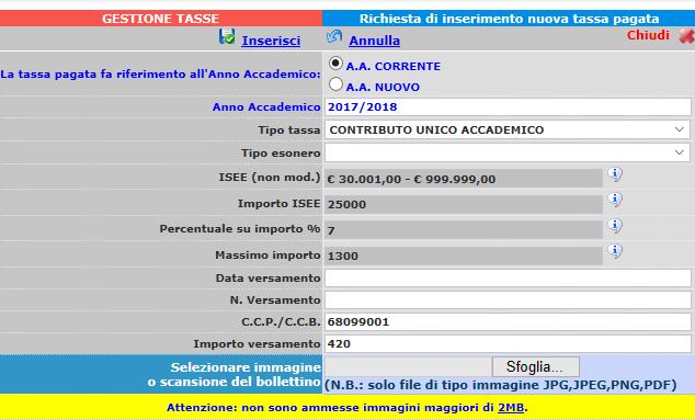 Per inserire una nuova tassa o contributo, cliccare su "Clicca per inserire una nuova tassa pagata". Ap