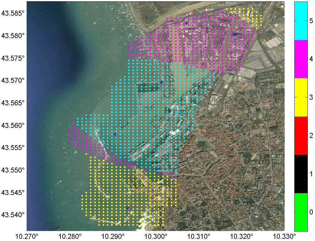 Model grid of the Livorno harbour Blue asterisks indicate the five anemometers