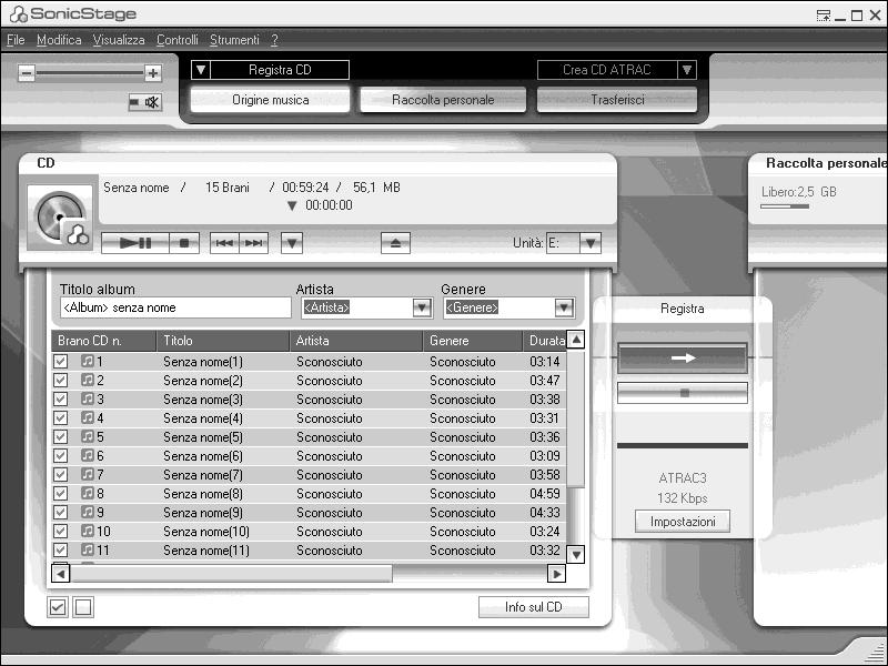 Uso di SonicStage Importazione di dati audio In questa sezione viene illustrata la procedura per registrare e memorizzare dati da un CD audio nella Raccolta personale di SonicStage sul disco rigido