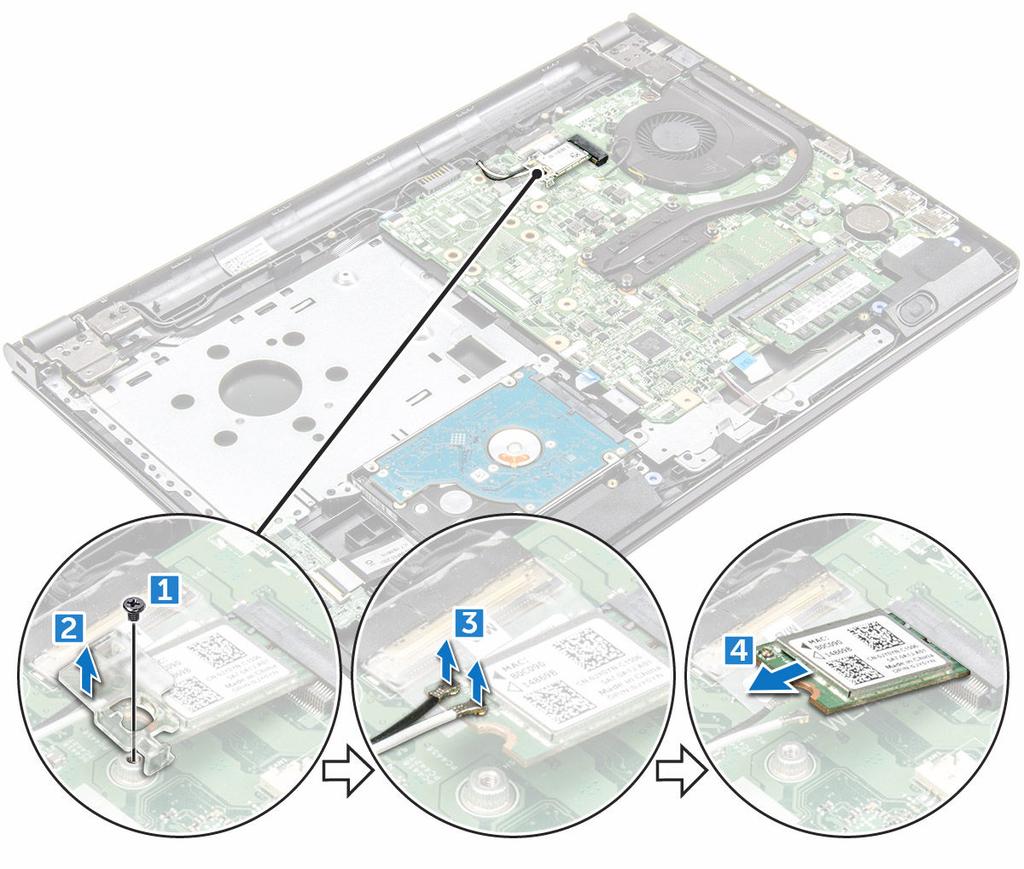 c d tastiera coperchio della base 3 Rimuovere la scheda micro WLAN: a Rimuovere la vite che fissa la linguetta alla scheda WLAN [1]. b Sollevare la linguetta che fissa la scheda WLAN [2].