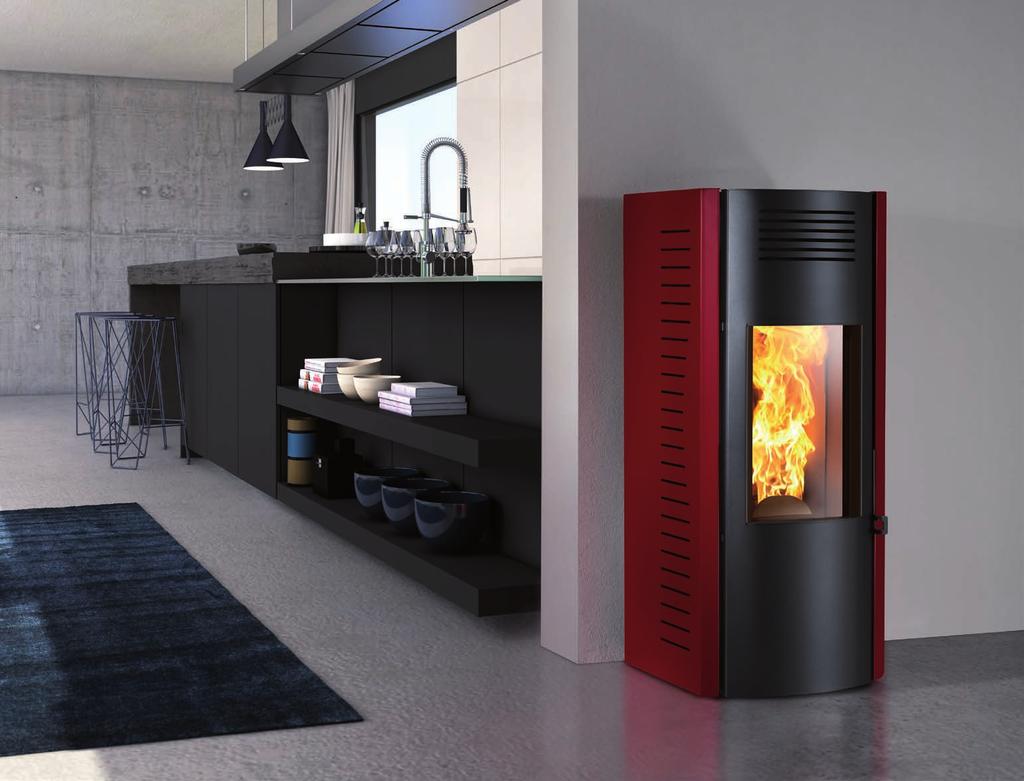 Rosso Red Grigio metallizzato Metallic grey a pellet ad aria calda ventilata pellet with a system of forced convection 0,40-1,53 0,58-2,16 L45,5 x P53 x H109 cm a pellet ad aria calda ventilata,