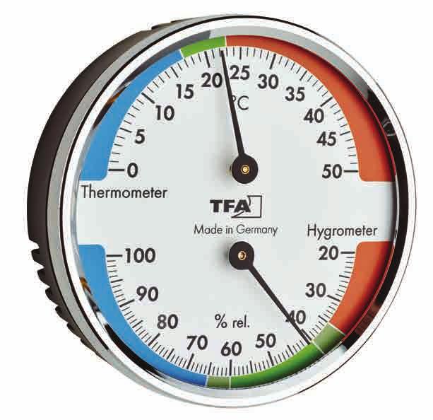 Indicatore della temperatura e dell umidità interna Interna: da -15 C a +55 C Umidità: da 0 a 100% Montaggio a muro Dimensione: Ø100 mm Peso: 105 gr TF 45.2027 TF 45.2040.