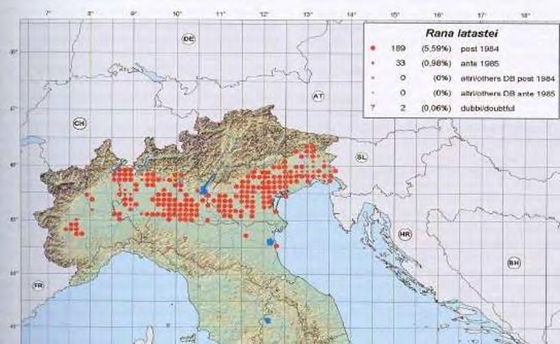 Distribuzione italiana di Rana latastei (Bernini, Doria, Razzetti, Sindaco, 2006.