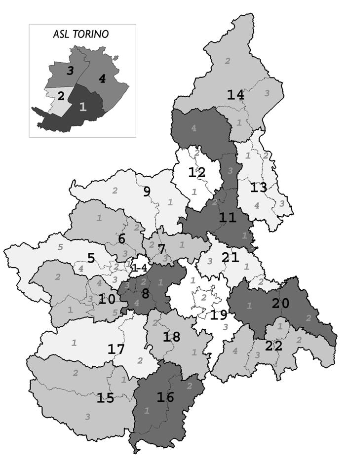 Figura 1: Aziende Sanitarie Locali e Distretti della Regione Piemonte* ASL 1-4 TORINO ASL 5 COLLEGNO 1 Collegno 2 Rivoli 3 Orbassano 4 Giaveno 5 Susa ASL 6 CIRIE 1 Lanzo Torinese 2 Ciriè 3 Venaria